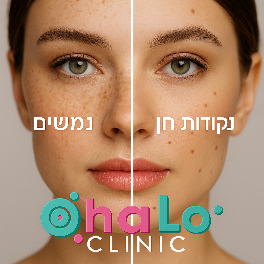 תמונה חצויה של אישה המציגה הבדל בין נמשים לנקודות חן שטוחות, עם לוגו של Halo Clinic