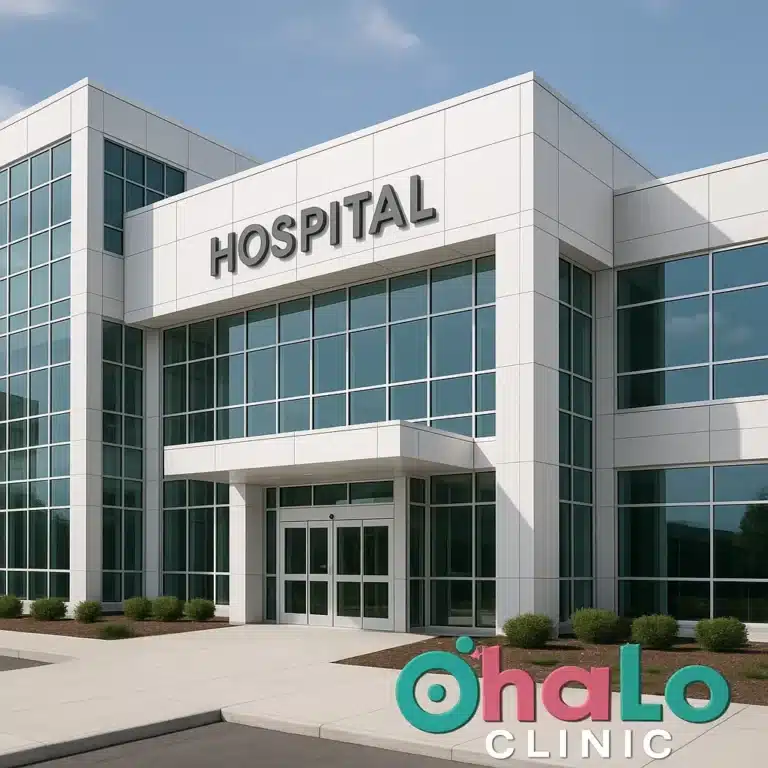 בניין רפואי מודרני עם לוגו HALO Clinic – רקע להסרת נקודות חן כללית
