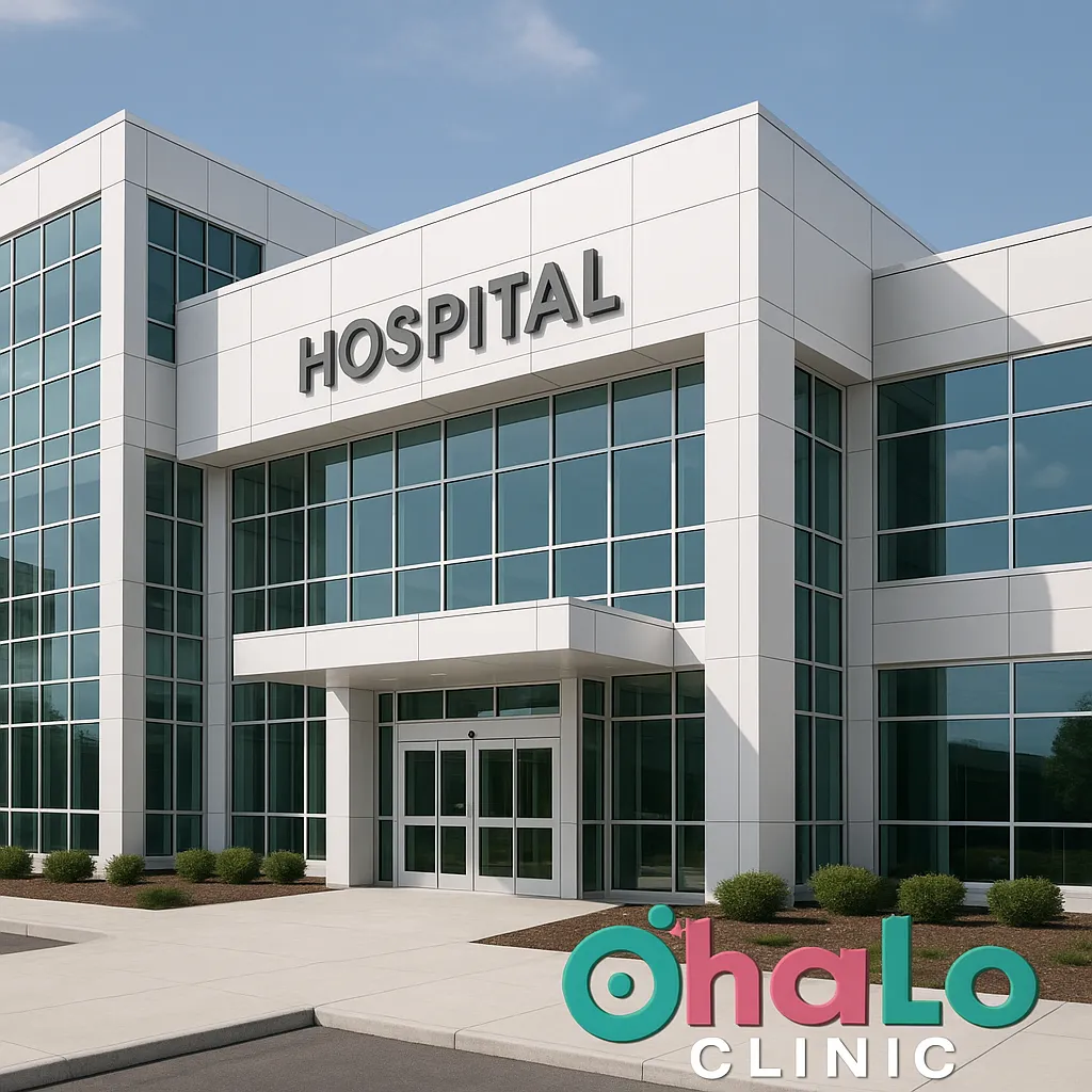 בניין רפואי מודרני עם לוגו HALO Clinic – רקע להסרת נקודות חן כללית