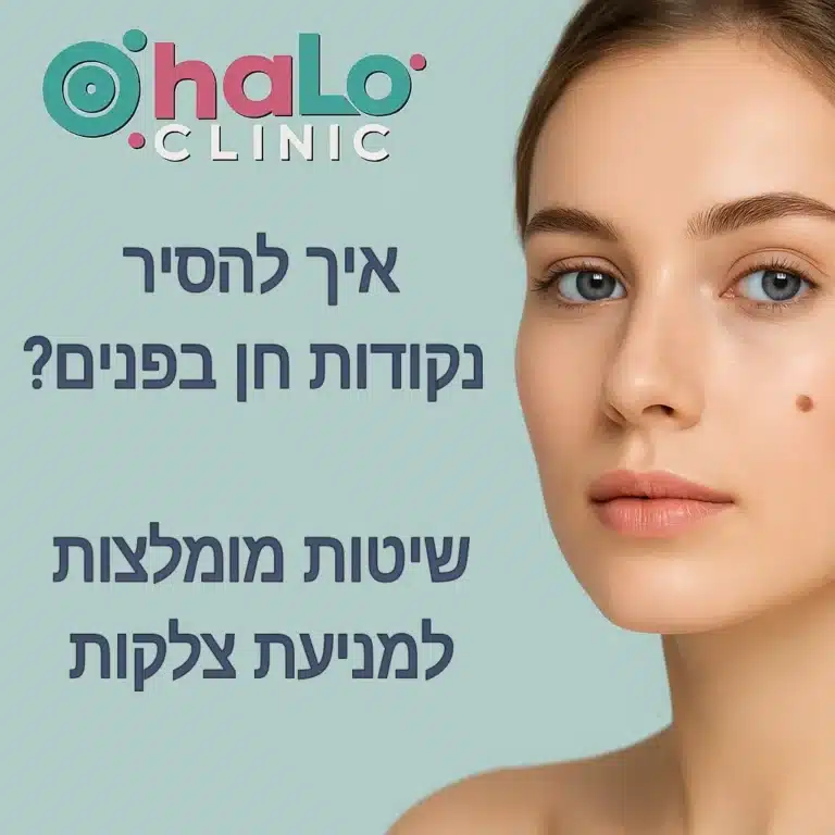 אישה עם נקודת חן בפנים ולוגו של HALO CLINIC – מידע על הסרת נקודות חן בפנים ללא צלקות