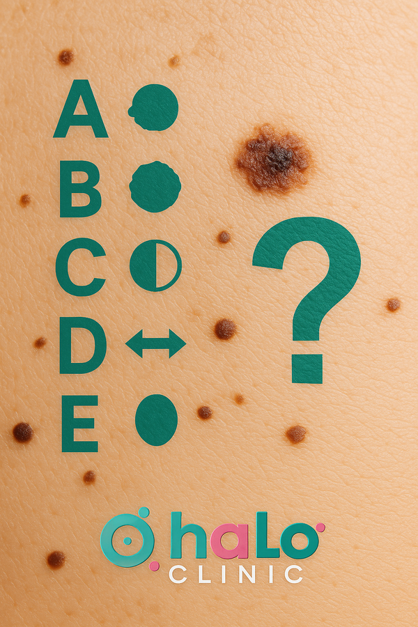 בדיקה חזותית לפי כלל ABCDE לזיהוי נקודות חן חשודות – עם לוגו של Halo Clinic
