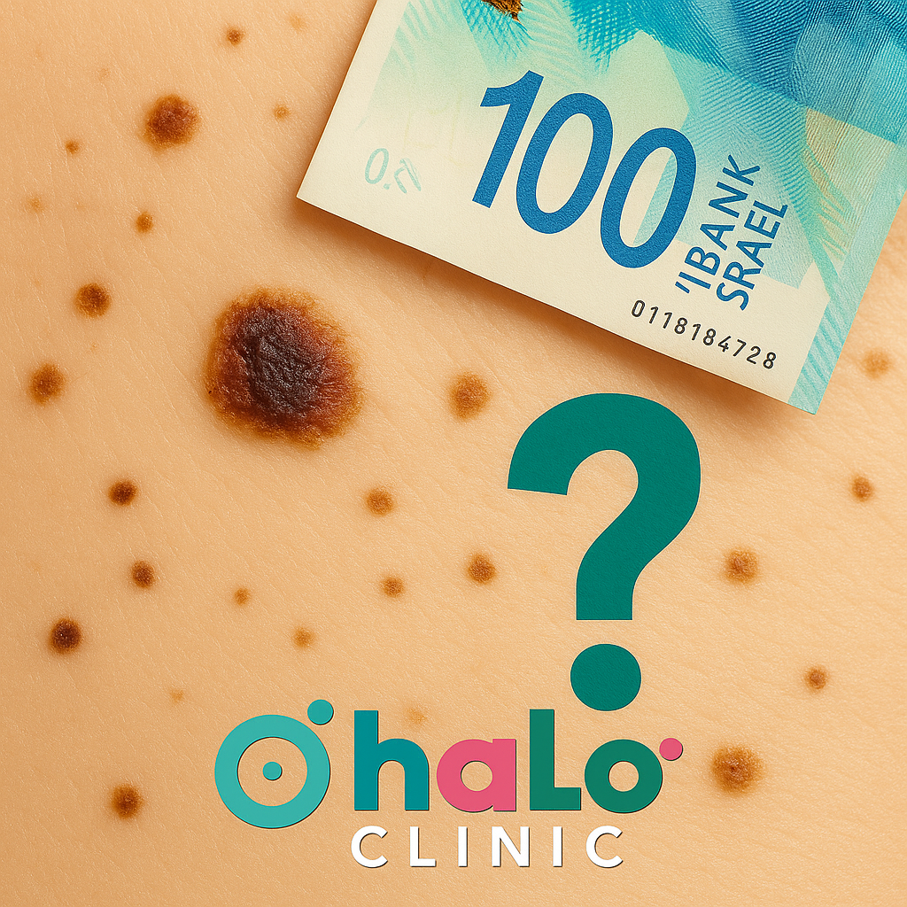 נקודות חן על עור עם שטר של 100 ש"ח וסימן שאלה – המחשה ויזואלית למחיר הסרת נקודת חן