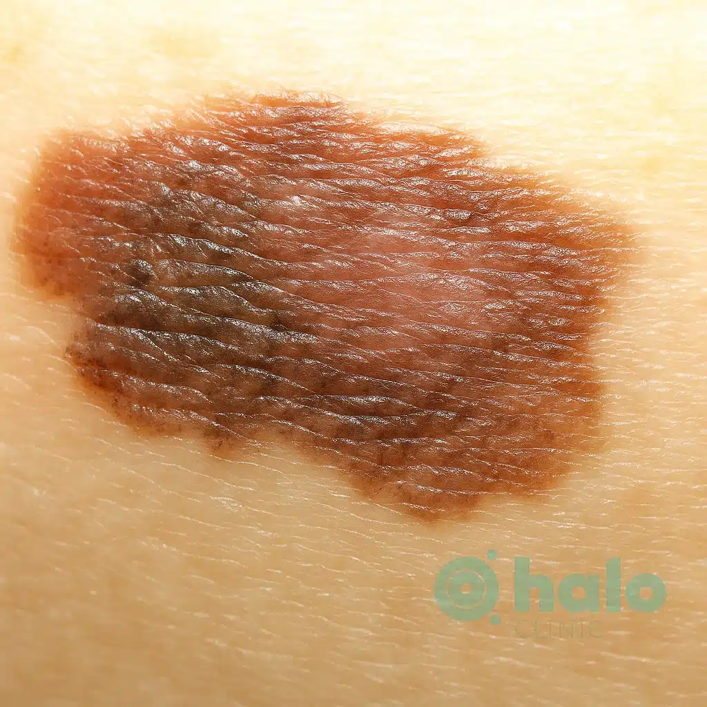 תמונה קלינית של שומה חשודה עם לוגו Halo Clinic – קריטריוני ABCDE לאיתור מוקדם